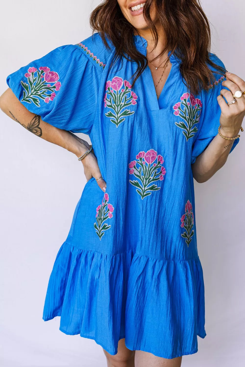 Flower Embroidered Split Neck Short Puff Sleeve Ruffle Hem Dress