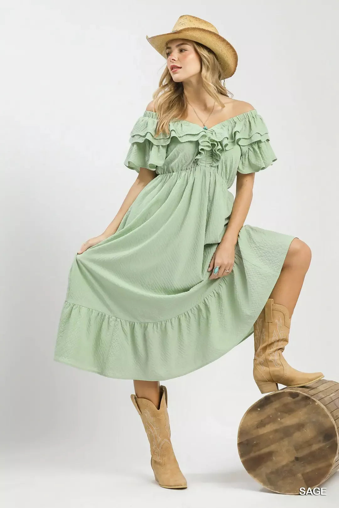 Umgee Textured Ruffle Midi Dress