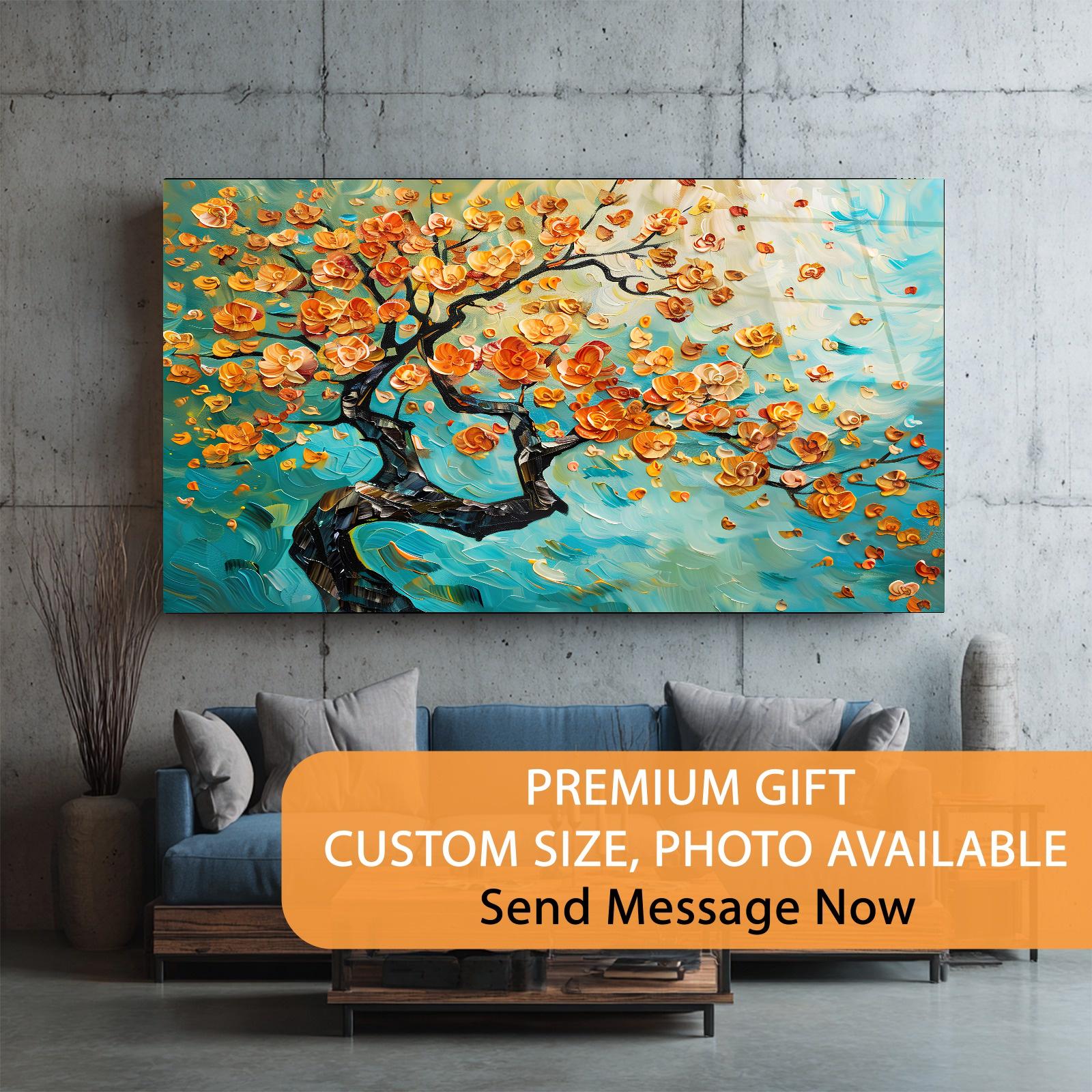 Golden Blossom Tree Glass Wall Art | Modern Nature Decor