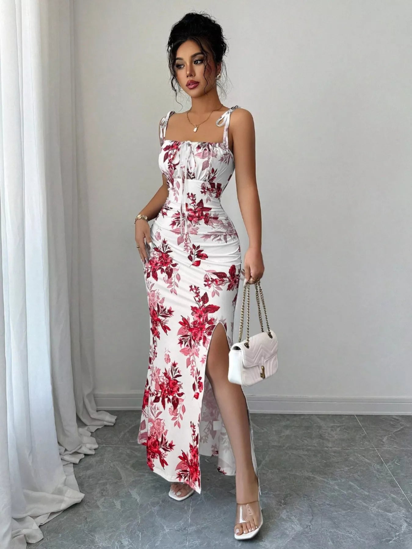 Printed Tie Strap Slit Maxi Dress