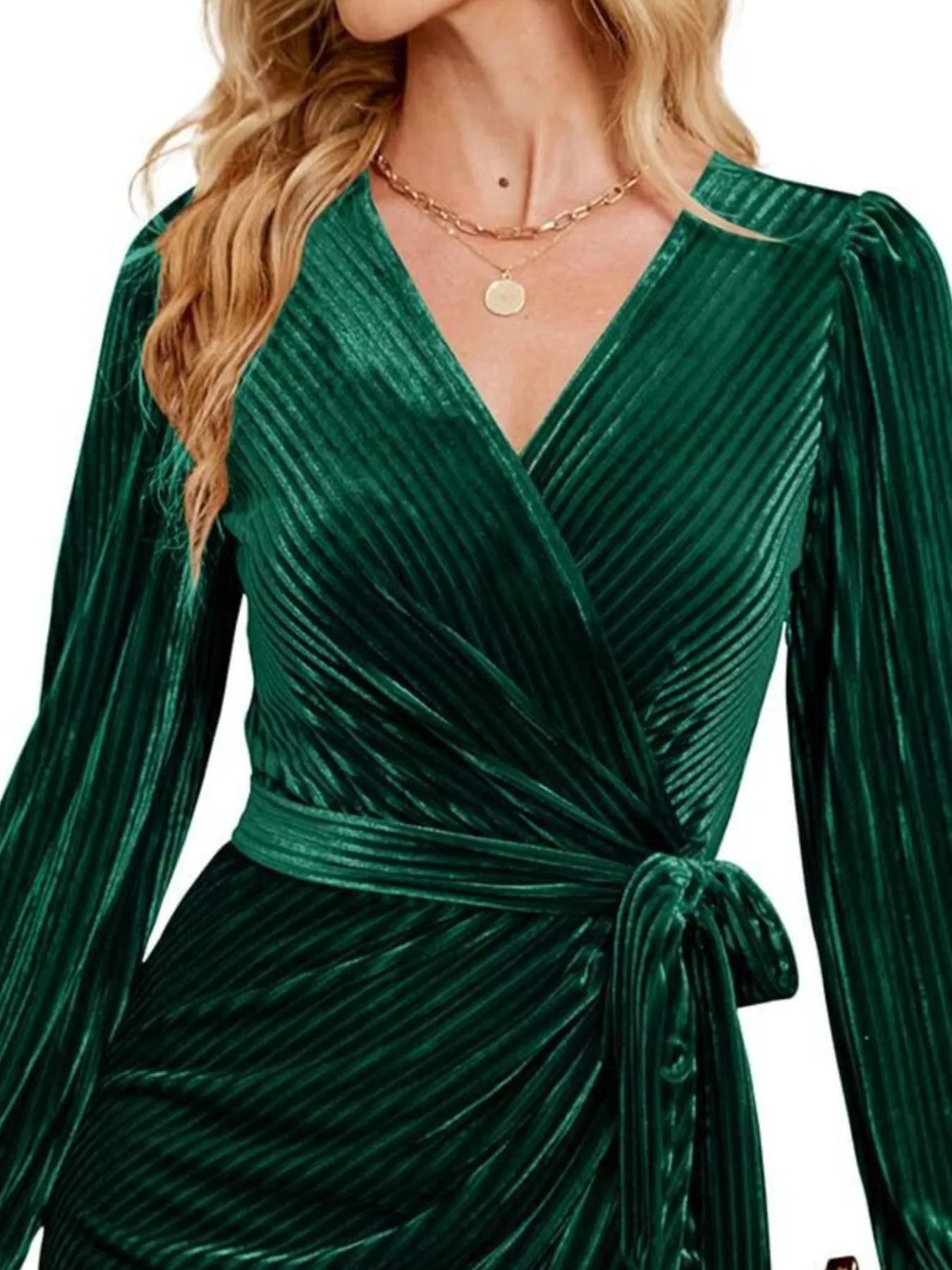Surplice Long Sleeve Tie Waist Dress