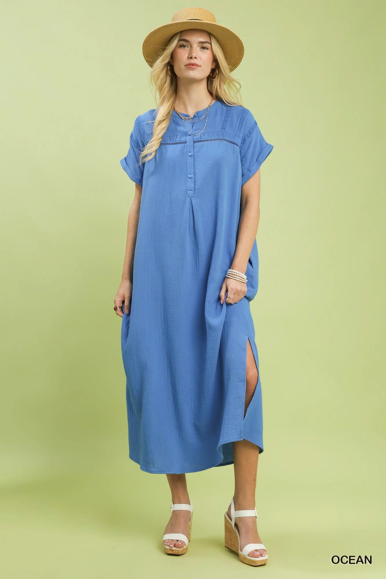 Umgee Button-Front Gauze Midi Dress with Lace Detail