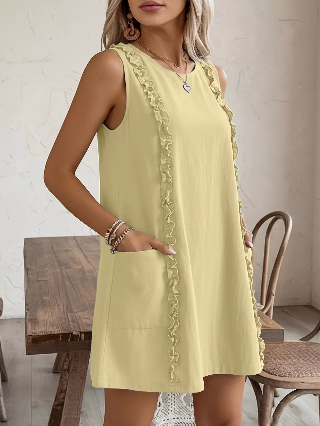 Frill Sleeveless Round Neck Dress
