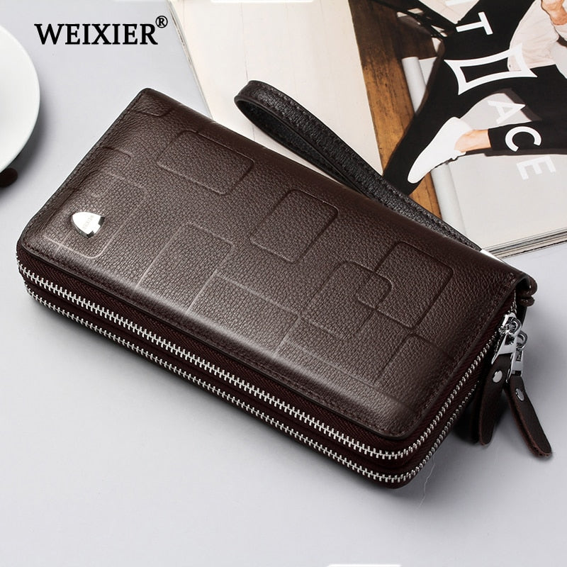 WEIXIER New Genuine Leather Clutch Cellphone Long Wallet Men's Simple Multifunctional Cow Leather Zipper Money Business bag