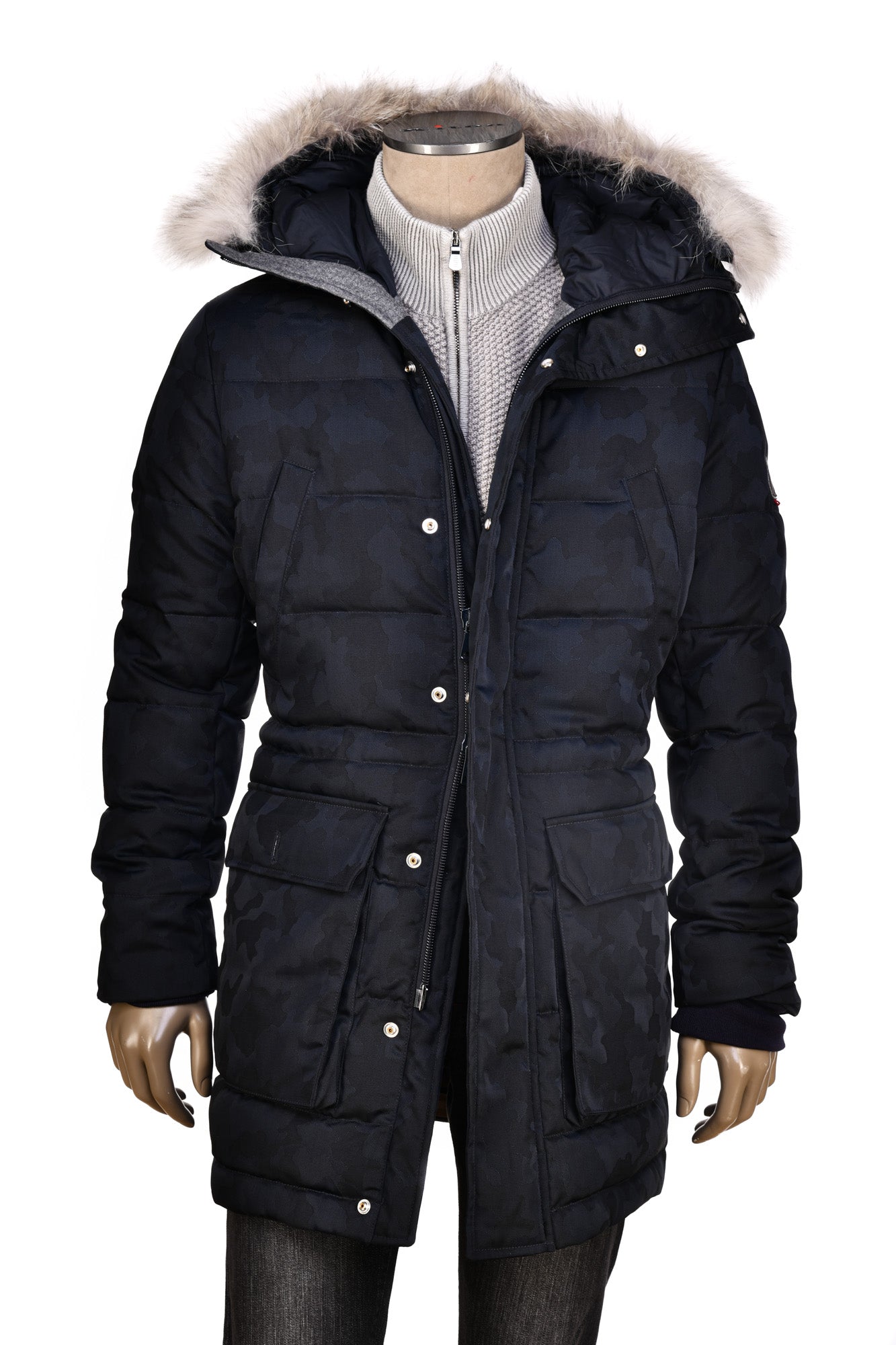 Eleventy Camo Nylon-Wool Coat w/ Removable Coyote Fur Trim Hood