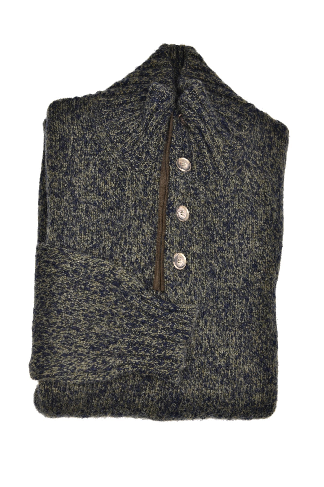 Fedeli Wool-Cashmere Marled Turtleneck Knit Quarter Button Up Sweater