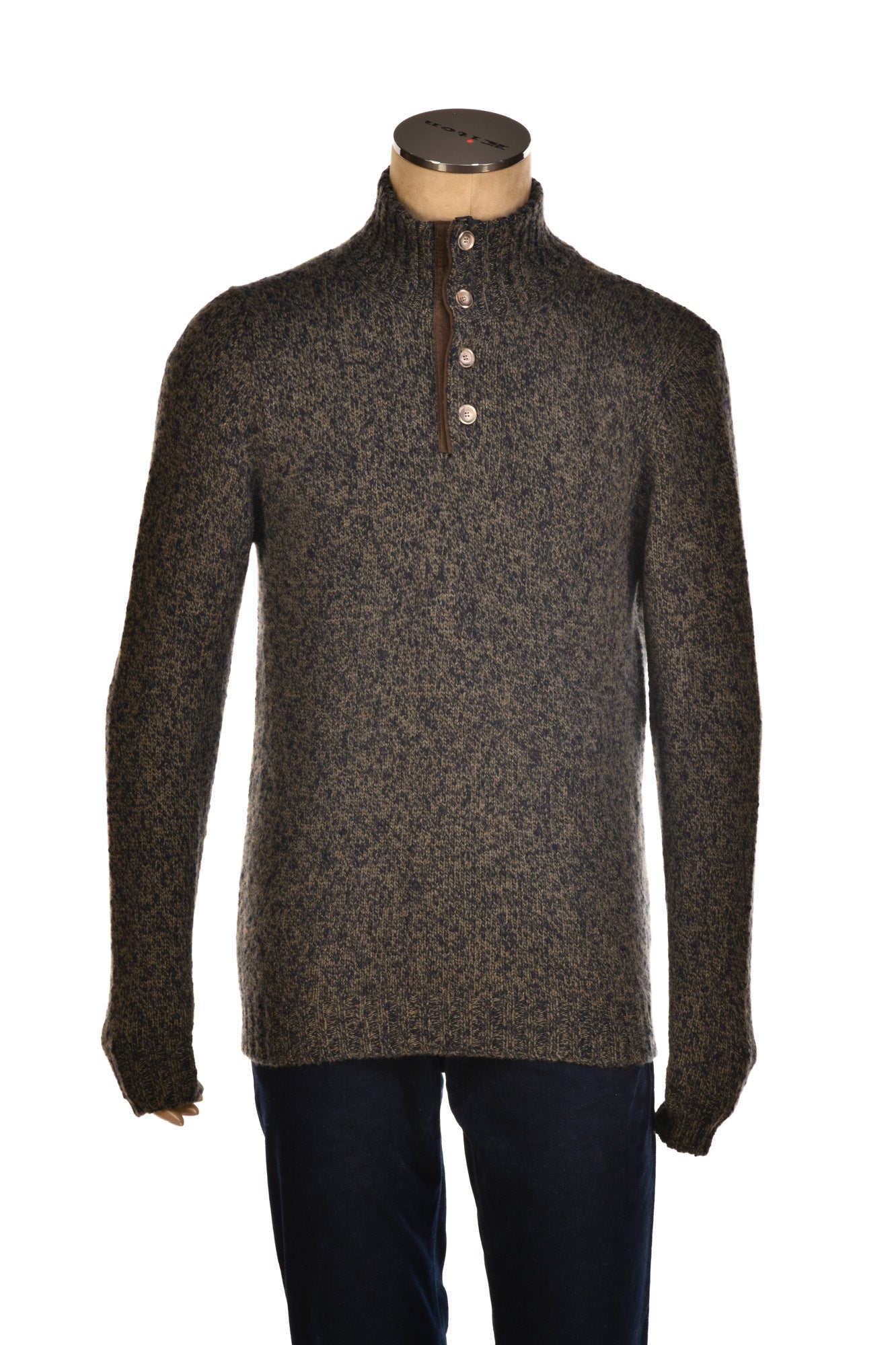 Fedeli Wool-Cashmere Marled Turtleneck Knit Quarter Button Up Sweater