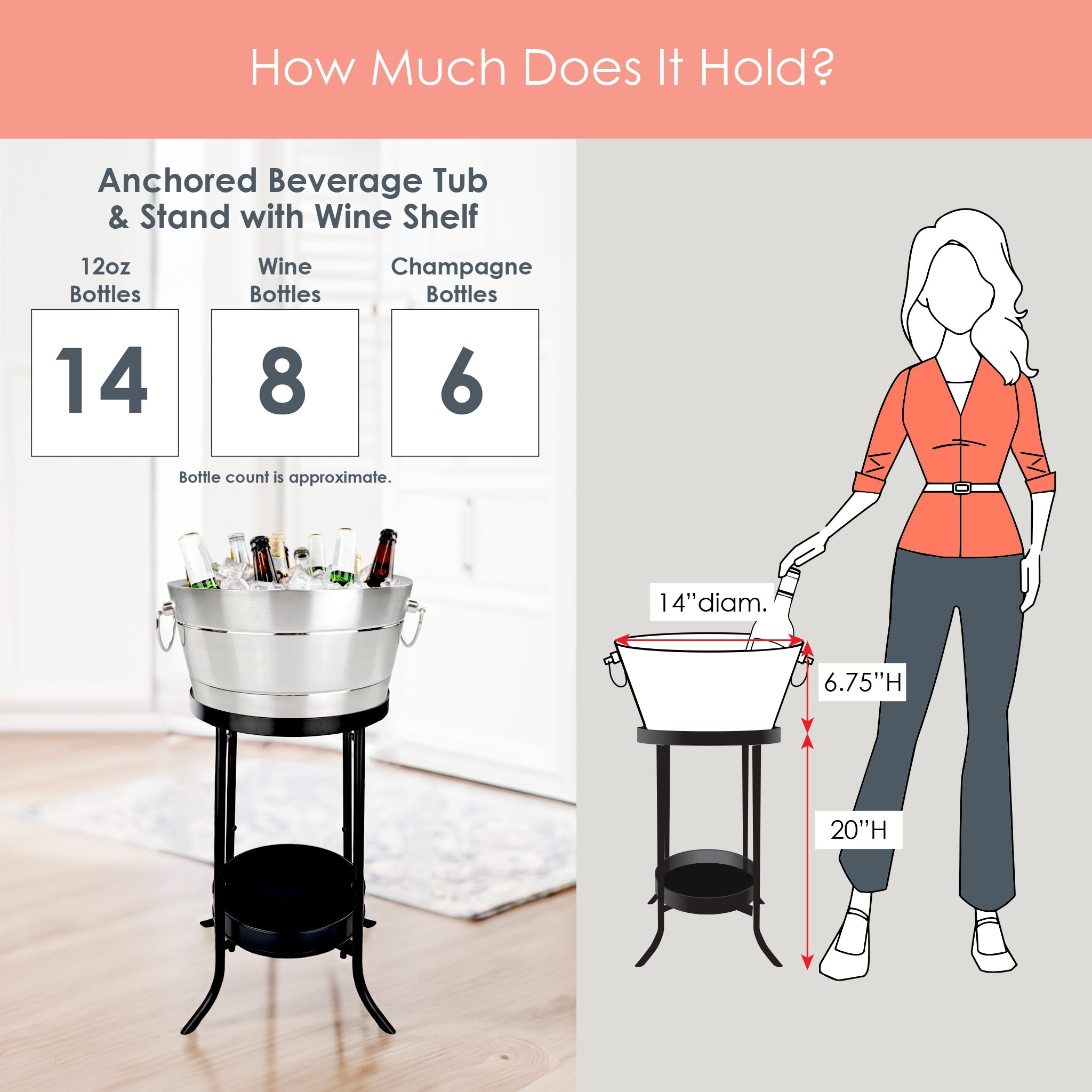 BREKX Anchored Ribbed Insulated Stainless Steel Beverage Tub with Stand | 12-Quart Drink Chiller