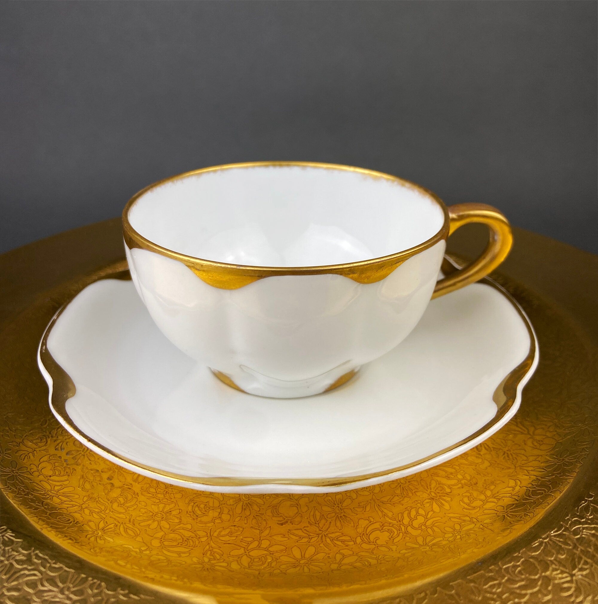 Antique Limoges Porcelain Tea Set/Trio. Tea Cup, Saucer and Salad Plate. White China with Scalloped Gold Rim, Theodore Haviland, France.