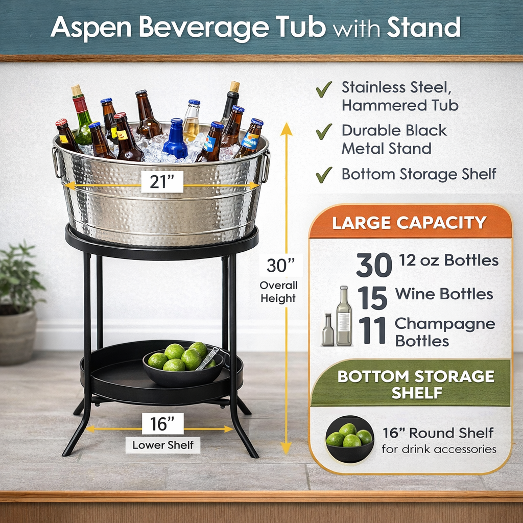 Aspen Beverage Tub with Stand in Stainless Steel 28-inch | BREKX