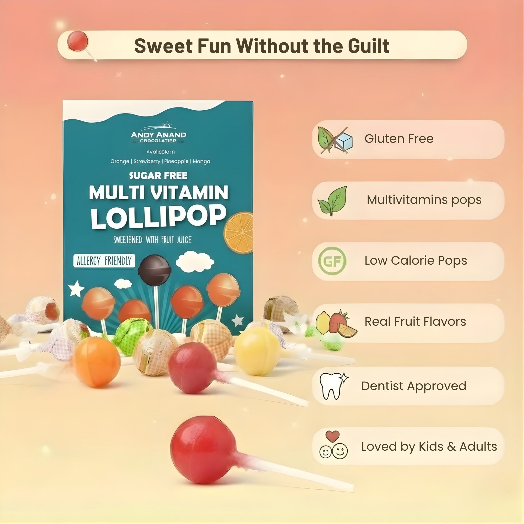 Andy Anand Multivitamin Lollipops, 29 ct, 8.8 oz – Real Fruit Juice, Keto, Kids Multivitamin Support, Birthday & Holiday Gift