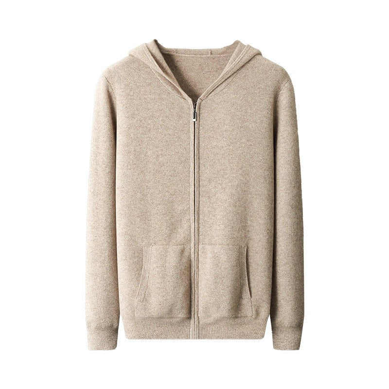 Fall Winter New Cashmere Zip-Up Hooded Sweater Set for Men, Thick Loose Knit Cardigan Jacket
