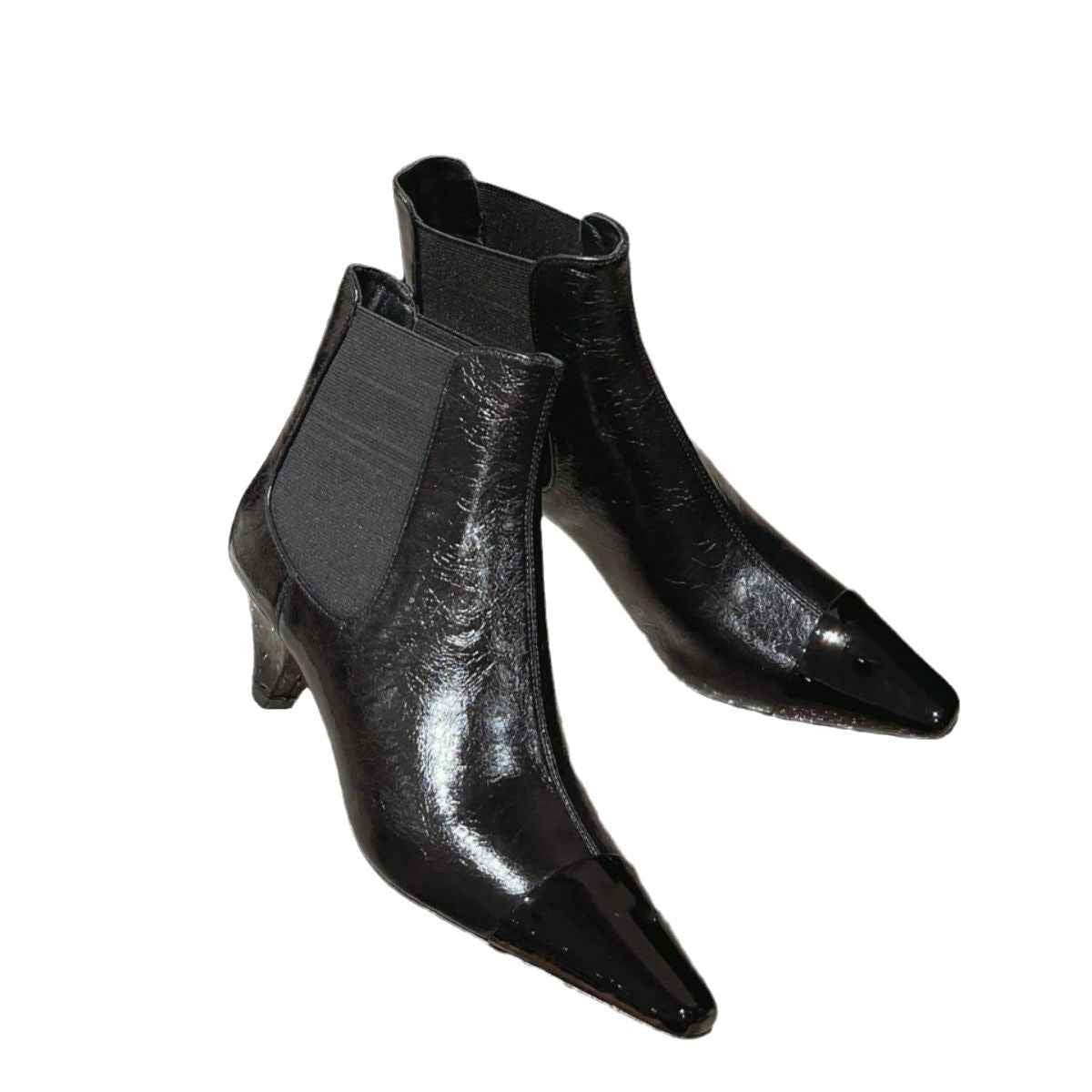 Pointy toe Chelsea Ankle Boots Women Genuine Leather Patchwork Color Wedges Heel Short Boots Sexy Luxury Fashion Week Boots fema