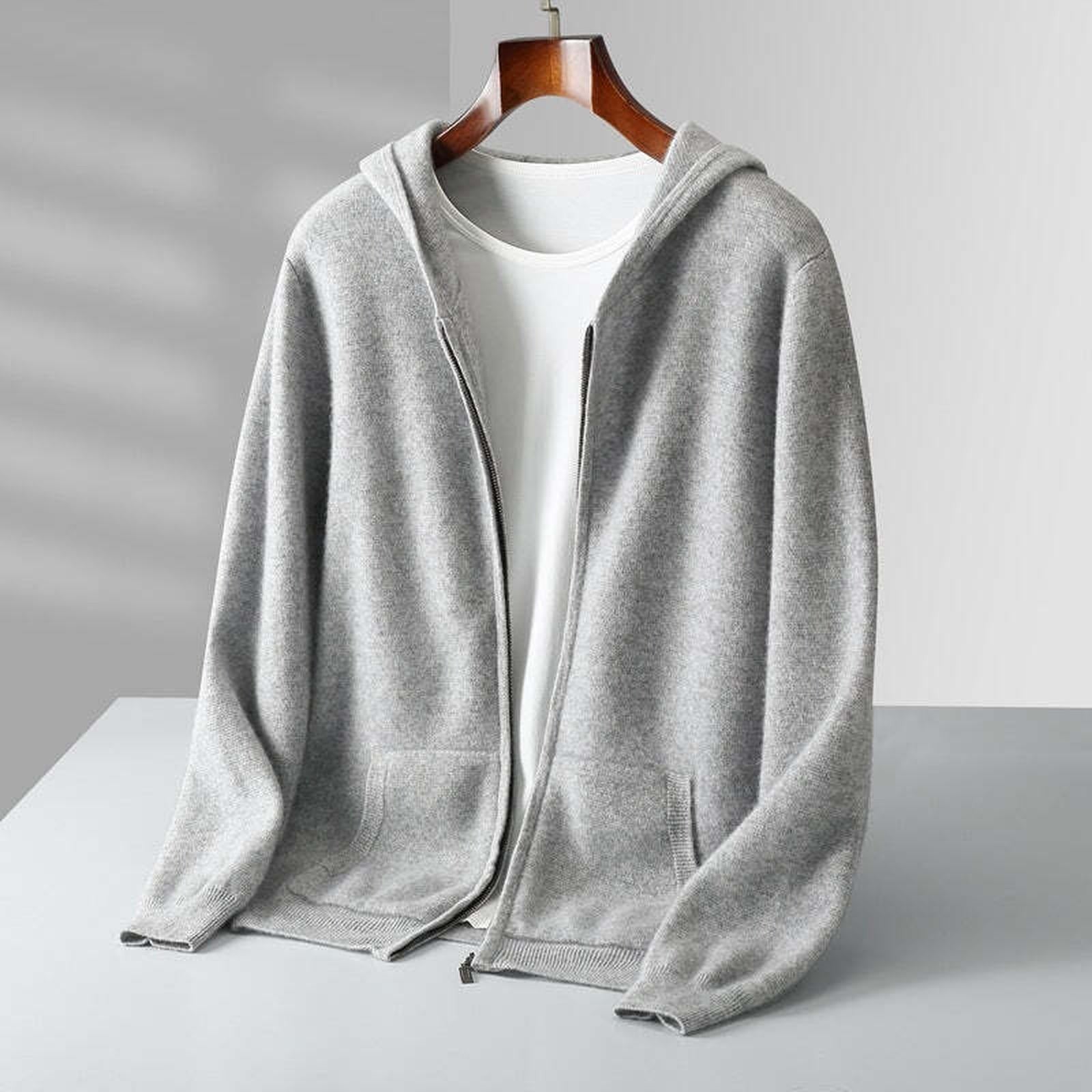 Fall Winter New Cashmere Zip-Up Hooded Sweater Set for Men, Thick Loose Knit Cardigan Jacket