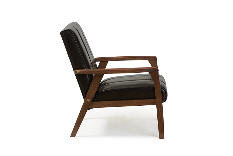Baxton Studio Nikko Mid-century Modern Scandinavian Style Black Faux Leather Wooden Lounge Chair