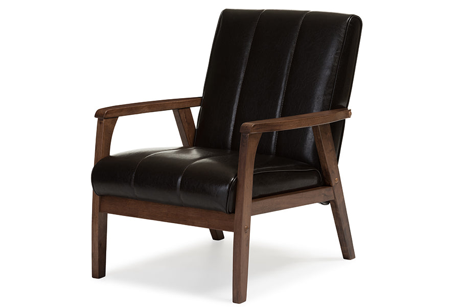 Baxton Studio Nikko Mid-century Modern Scandinavian Style Dark Brown Faux Leather Wooden Lounge Chair