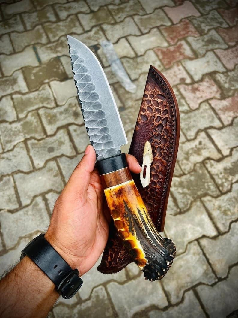Custom Handmade J2 Steel Hand-Forged Bowie Knife with Stag Horn Handle - 14”