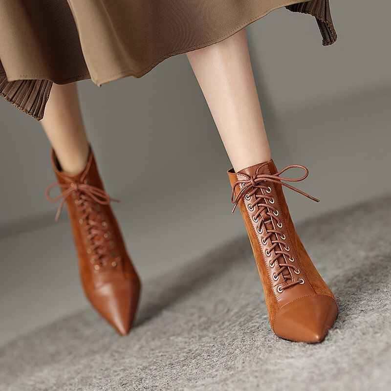 Mature Elegant Women Ankle Boots Pointed Toe Thin High Heels Female Office Genuine Leather Cross-Tied Shoes Woman