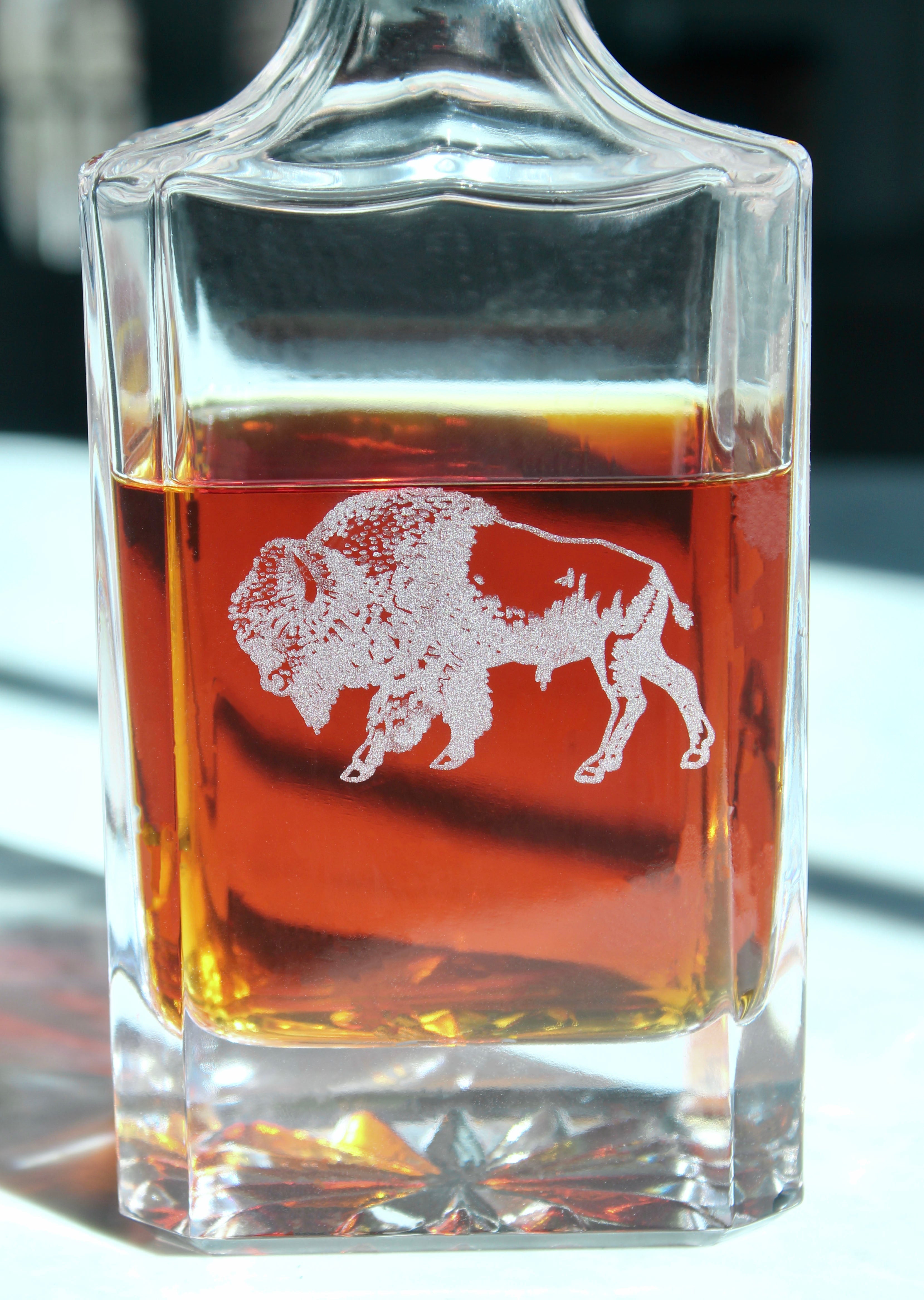 Bison Engraved Whiskey Decanter - 26oz Square Crystal Decanter with Stopper