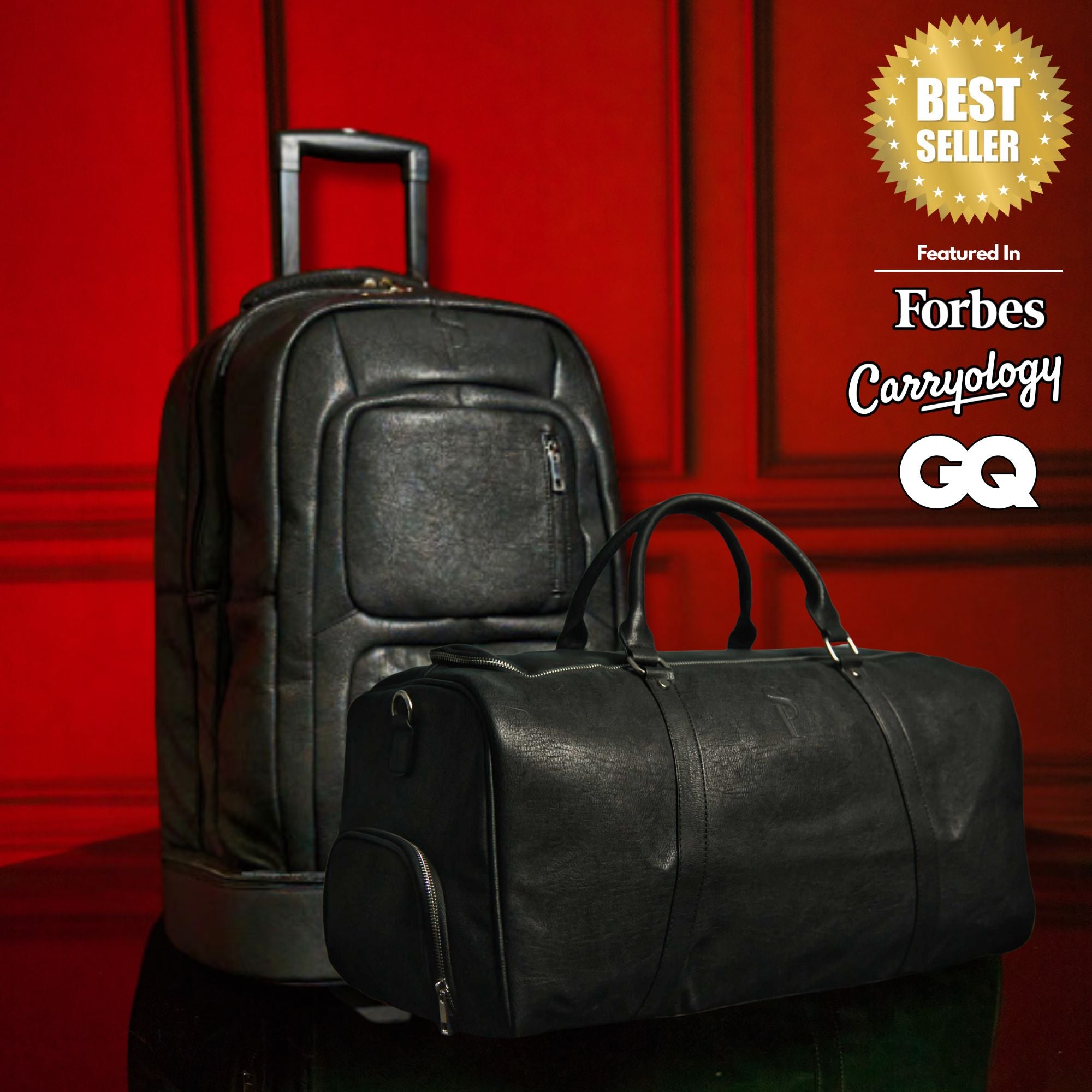 Black Leather Roller Bag Set
