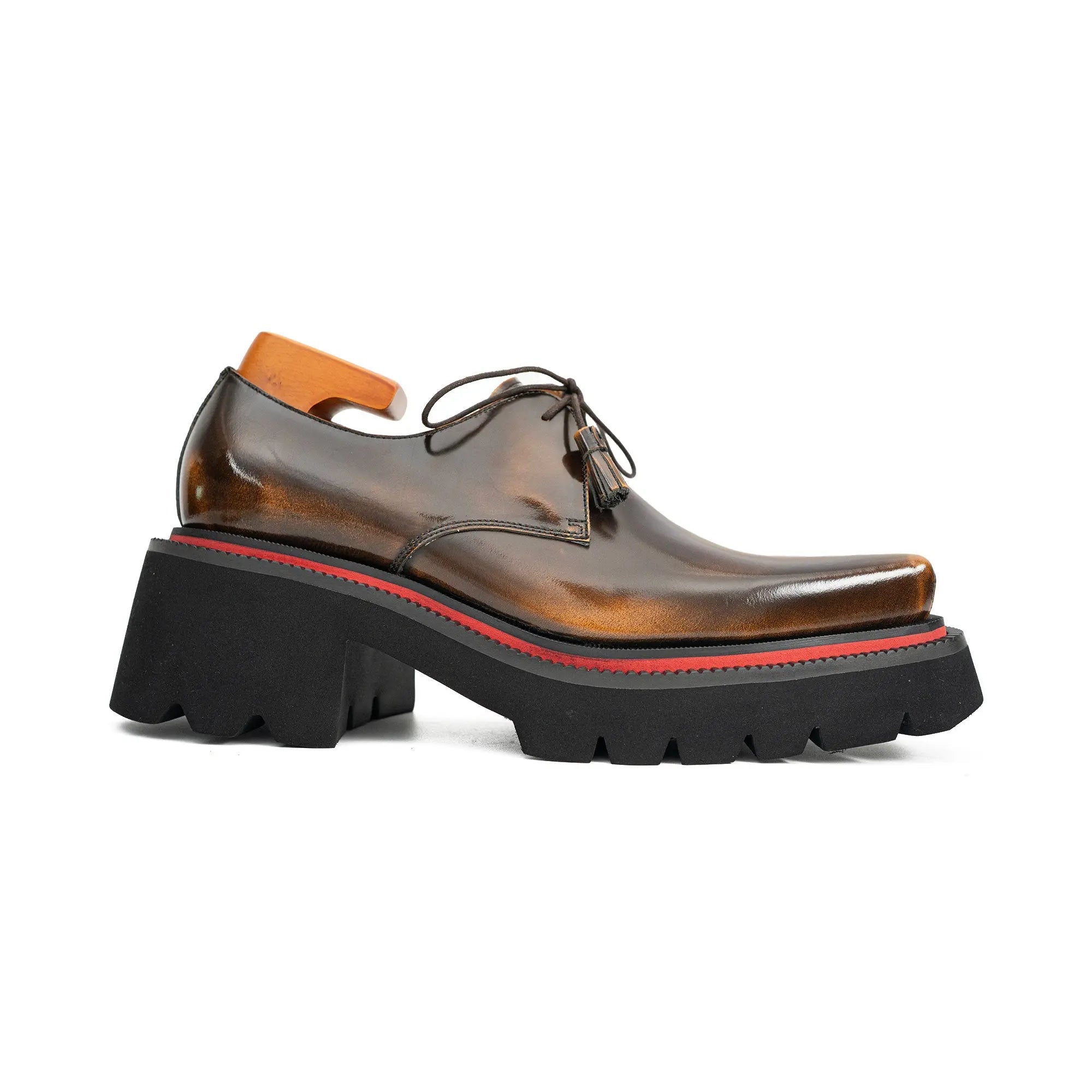 Brown Patent Leather Chunky Sole Derby Shoes