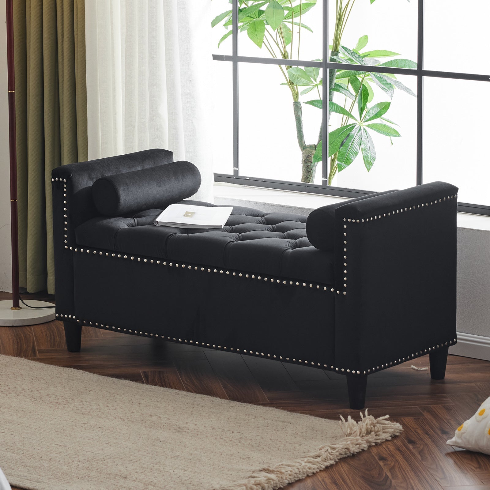 Storage Bench, 44.5-Inch Queen Velvet Button Bedside Bench, Entryway Living Room with Armrests, Nailhead Trim Black