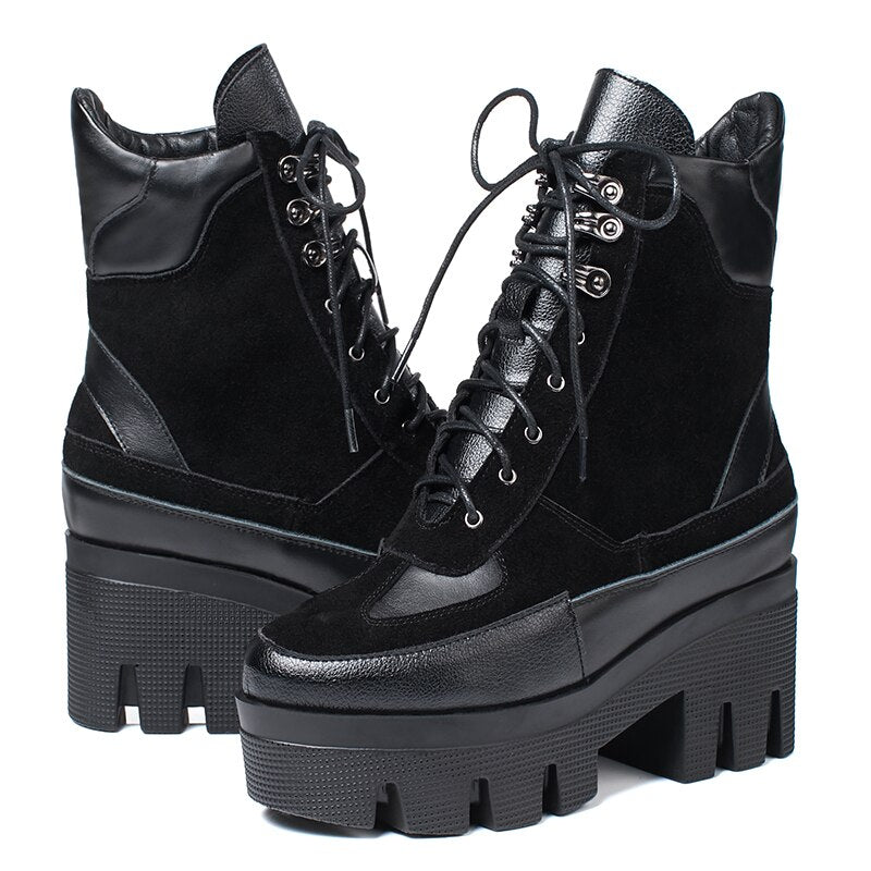 Winter Cow Leather Lace-up Women Chunky Platform Genuine Leather Ankle Boots Spring Autumn Real Leather Short Boots