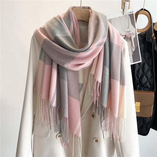 Chic Checkered Scarf for Women Men's Neck Warmer Long Fringed Versatile Couple Scarf Faux Cashmere