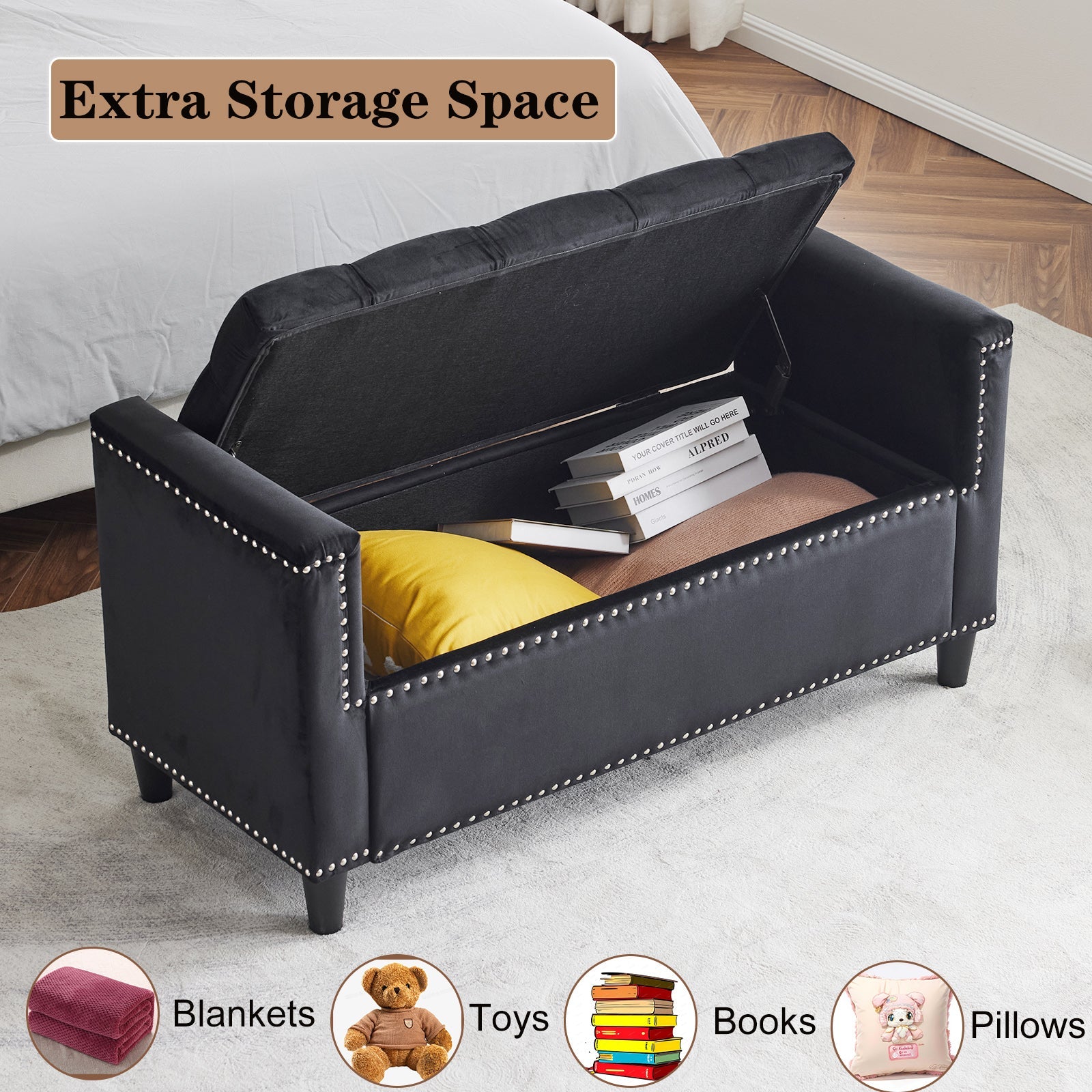 Storage Bench, 44.5-Inch Queen Velvet Button Bedside Bench, Entryway Living Room with Armrests, Nailhead Trim Black