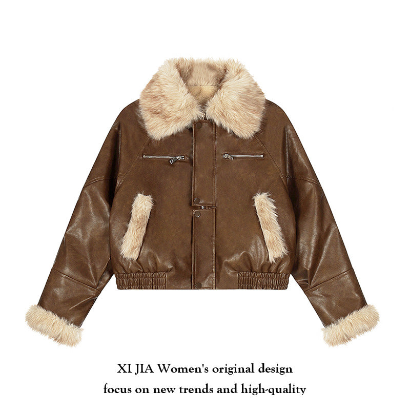 Fur Collar PU Leather Patchwork Coat Stylish Warm Fleece Lined Short Down Jacket