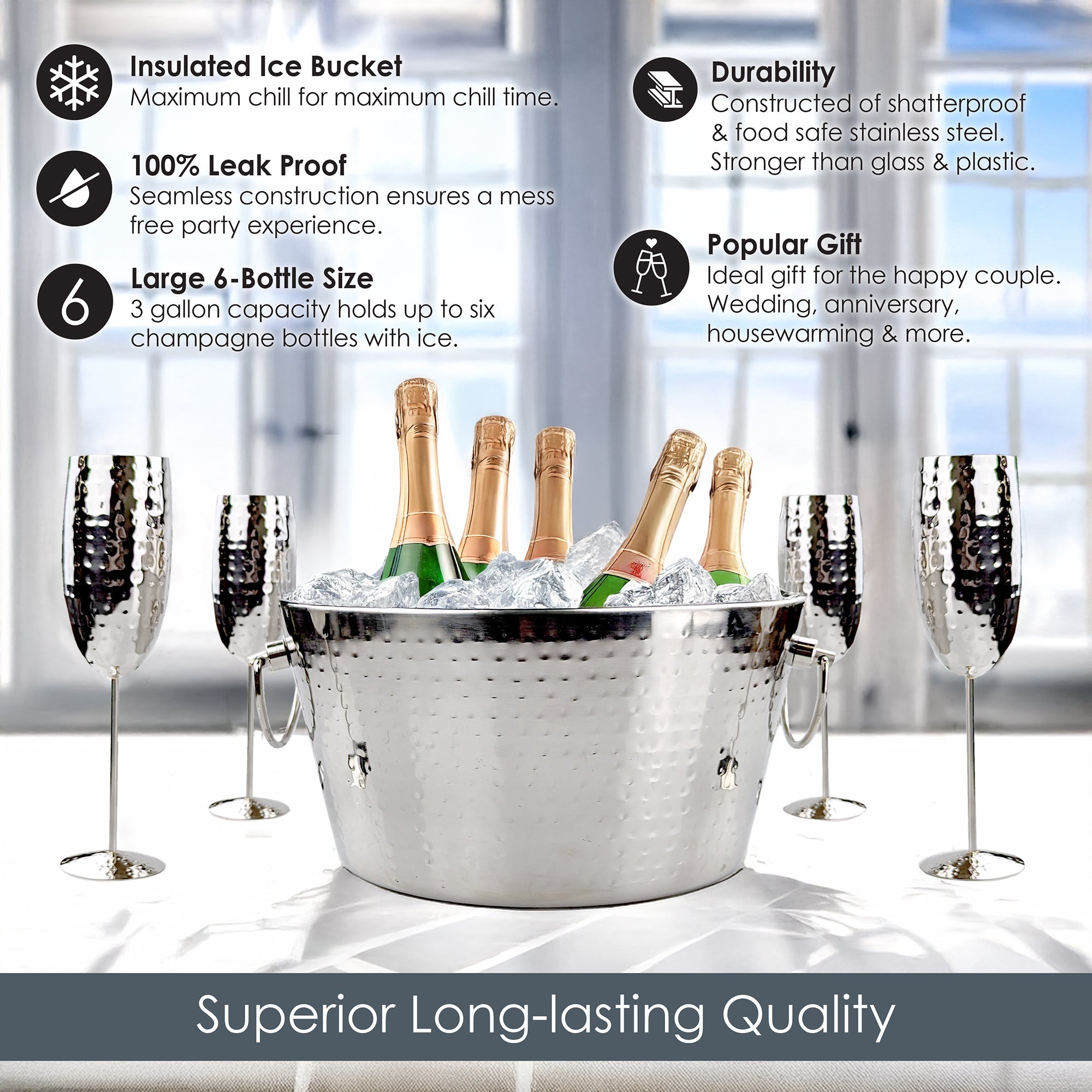 Cheers Champagne Ice Bucket Gift Set with 4 Stainless Steel Flutes – Insulated 3 Gallon Wine & Champagne Chiller | BREKX