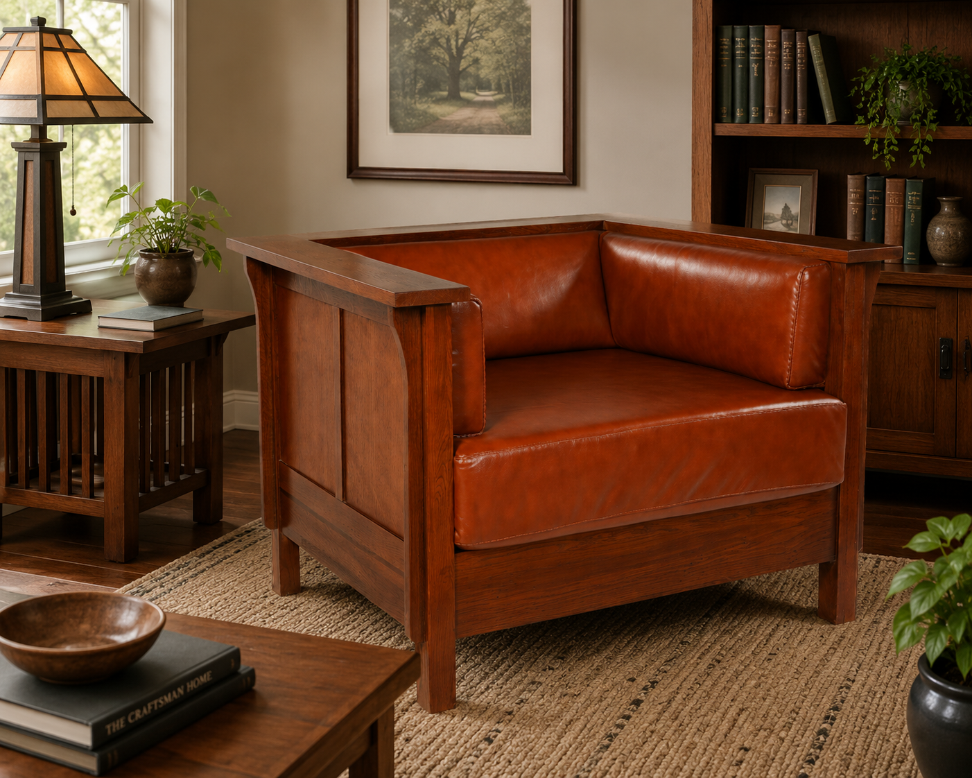 Craftsman Cubic Panel Side Arm Chair - Russet Brown Leather (RB2)