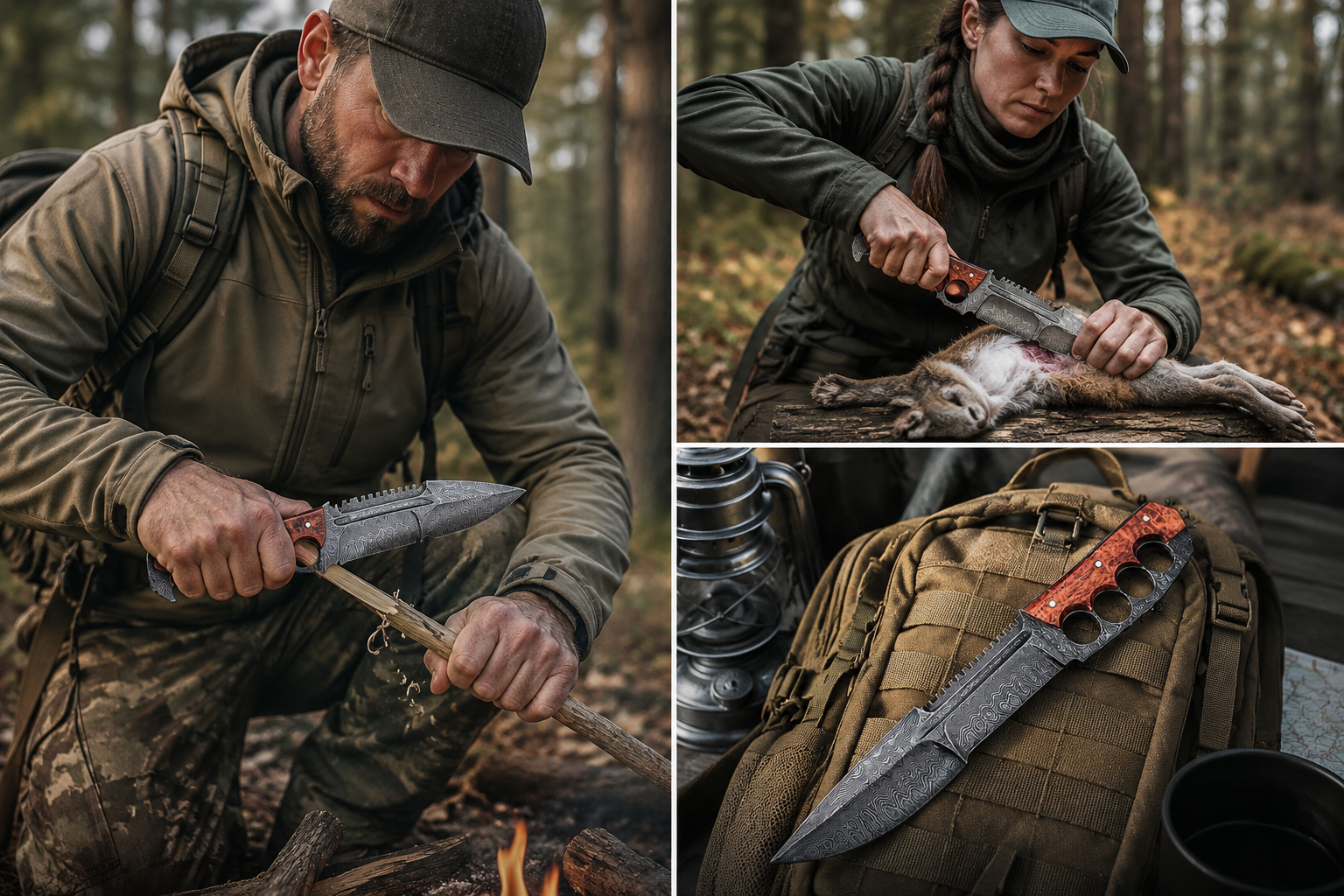 Damascus Tactical Knuckle Knife — Handmade Full Tang with Custom Leather Sheath