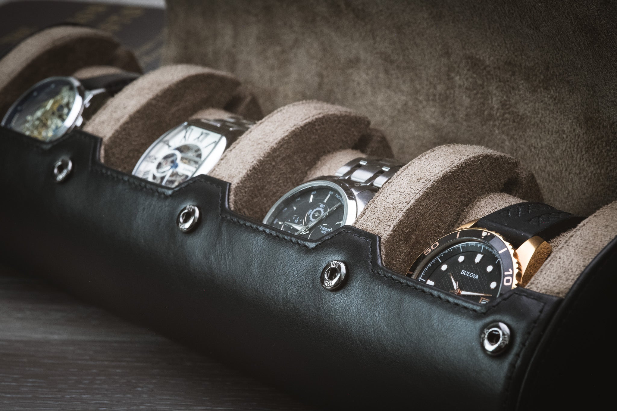 Sable Black Full-grain Cow Leather Watch Roll - 4 Watches