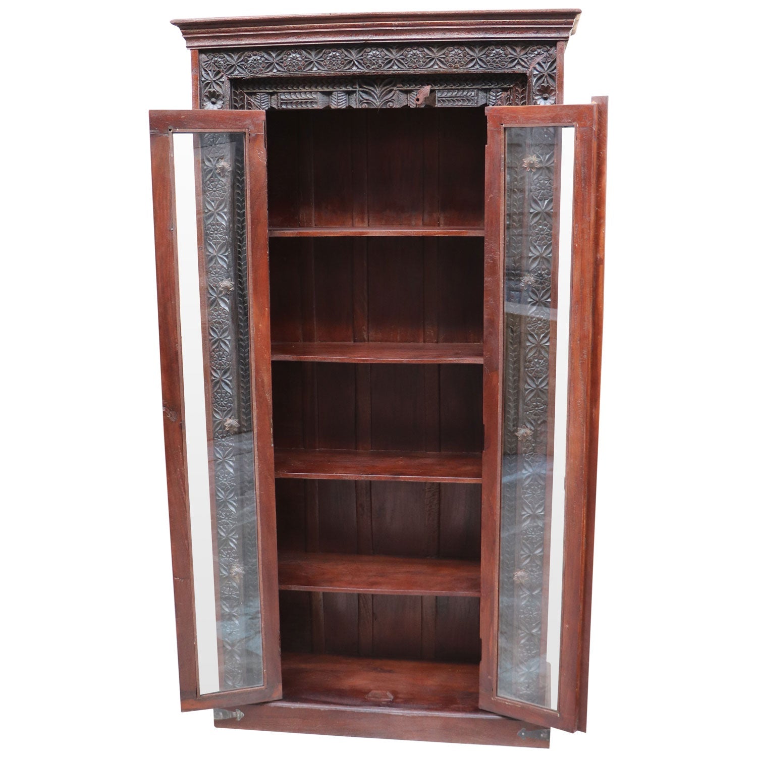 1900s Carved Doorframe Upcycled Curio Cabinet With Glass Doors