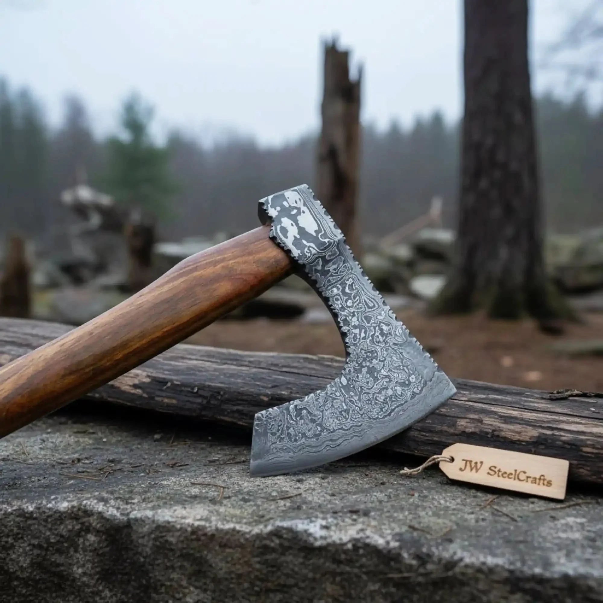 Custom Handmade Bearded Viking Axe with Damascus Steel Blade and Hardwood Handle | JW SteelCrafts