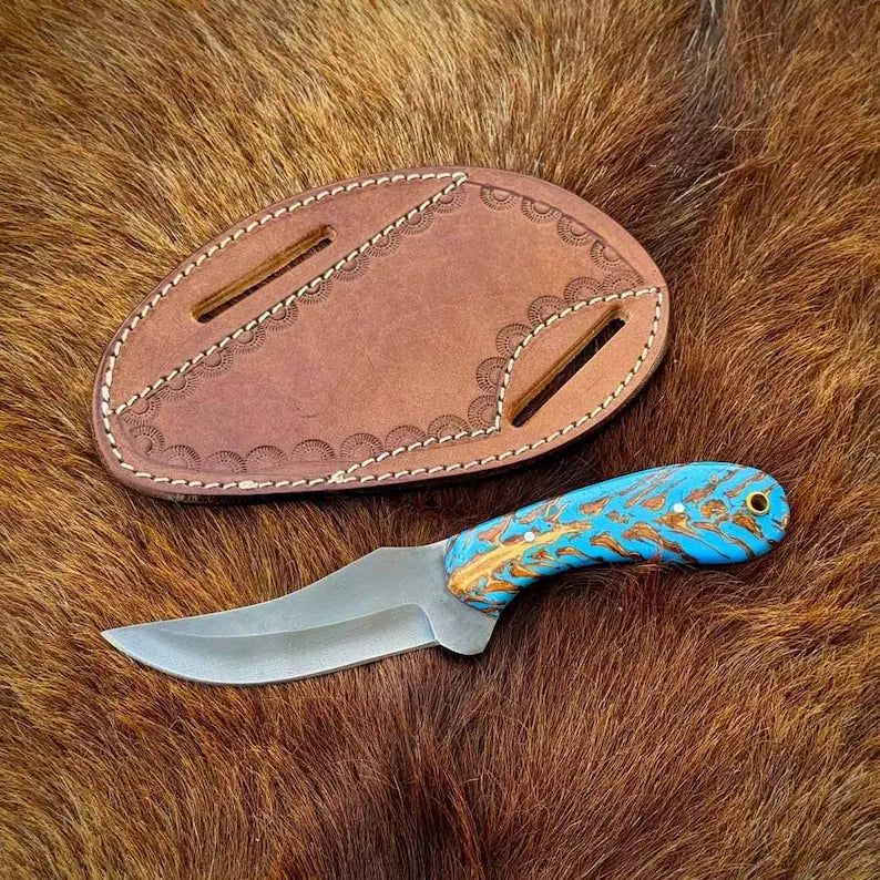 Custom Handmade Western Knife – 8" D2 Steel Blade with Pine Cone Resin Handle & Leather Sheath