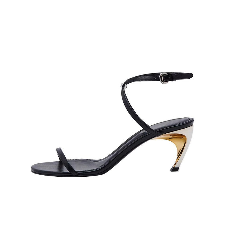 Round toe open toe shaped heel genuine leather sandals with European and American style belt buckle