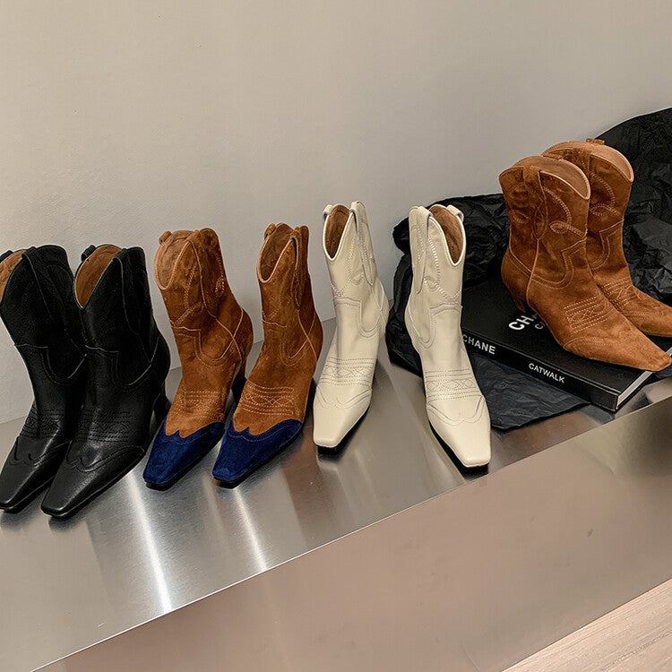 Color Blocking Designer Short Boots Genuine Leather High Heel Shoes Crystal Square Toe Ladies Western Boots