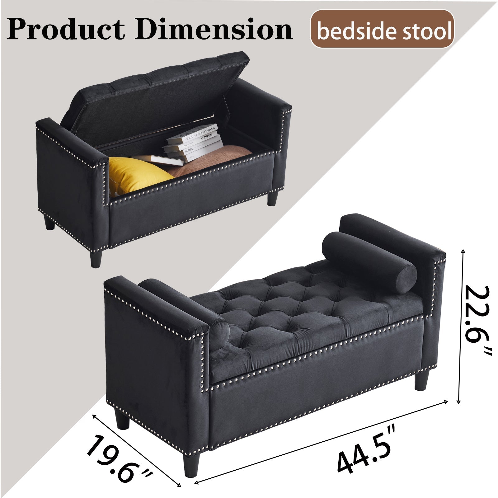 Storage Bench, 44.5-Inch Queen Velvet Button Bedside Bench, Entryway Living Room with Armrests, Nailhead Trim Black