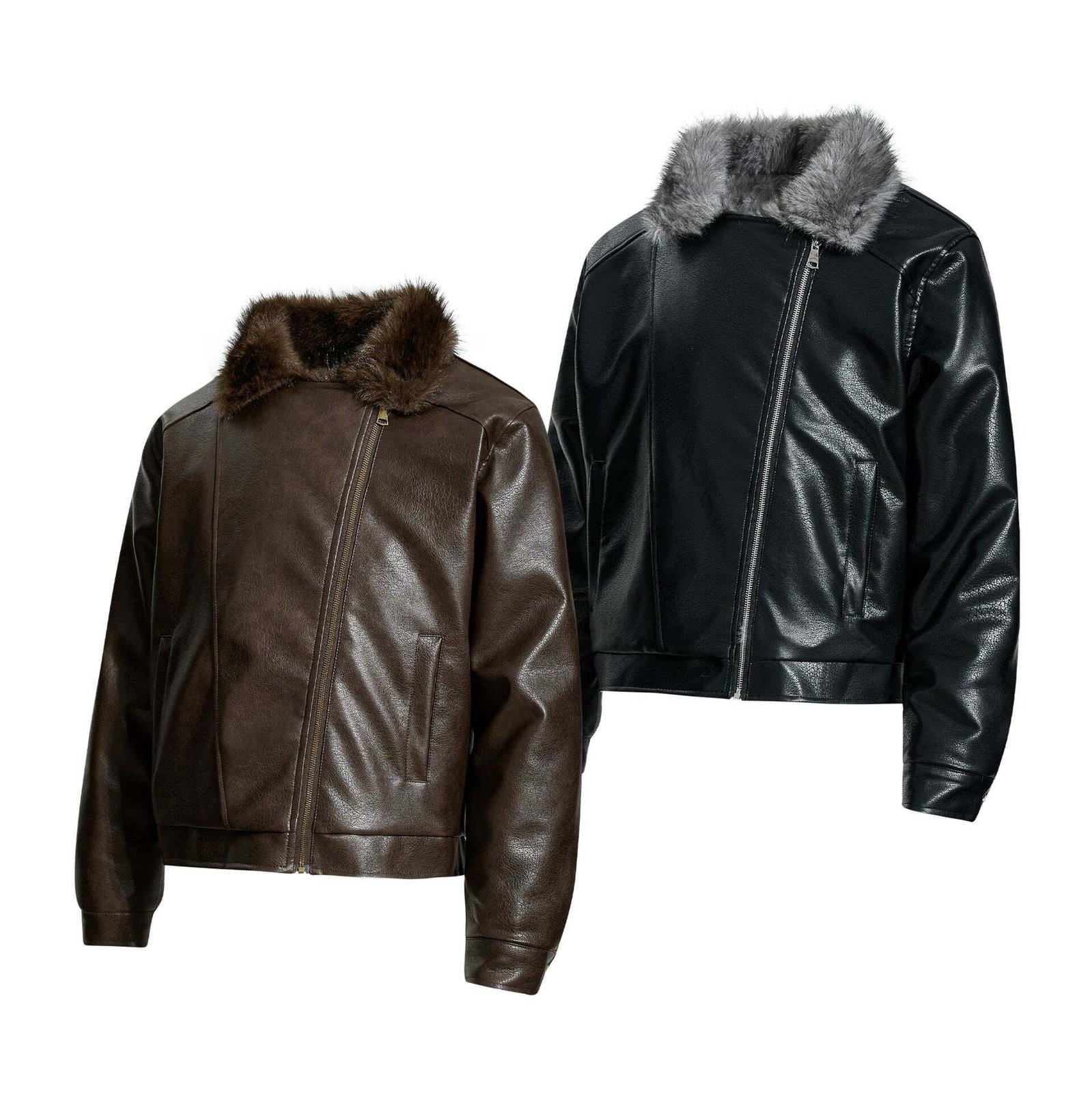Fur-lined leather jacket motorcycle puffer coat