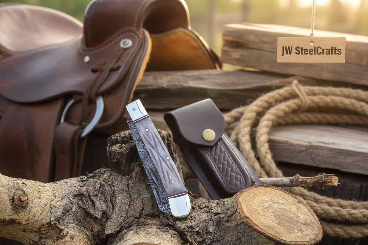 Damascus Steel Trapper Knife 4" with Bone Handle, Folding Pocket Knife