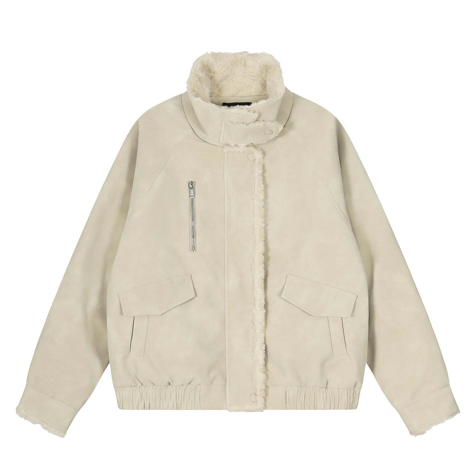 Solid Color Fleece Lined Cotton Coat with Fur Collar PU Jacket