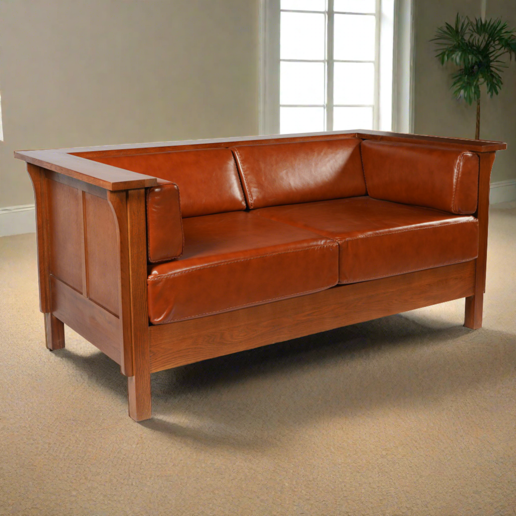 Craftsman Cubic Panel Side Love Seat - Russet Brown Leather