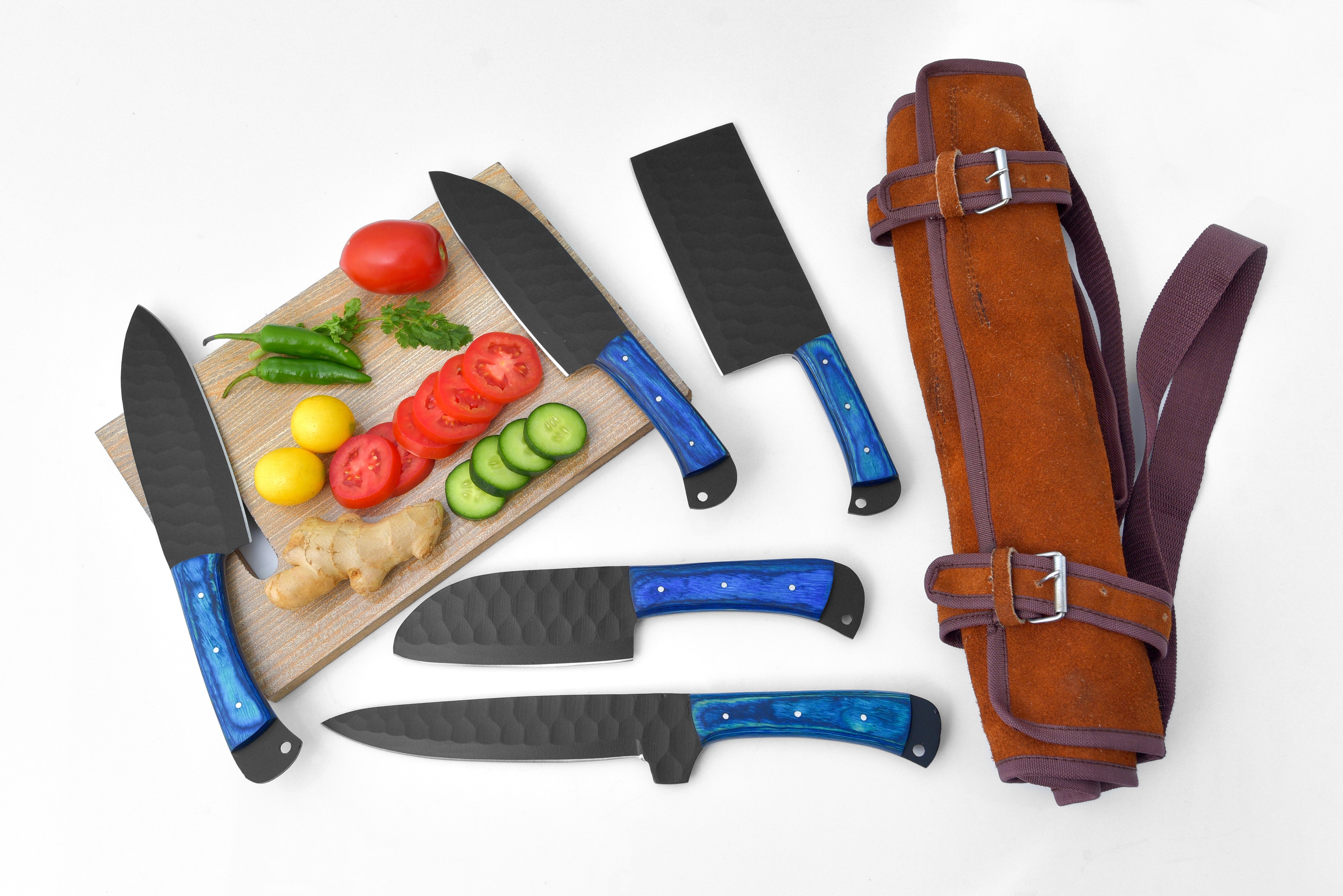 5-Piece Knife Set / With Leather carry Bag Blue (Cheff Set Carbon 02)