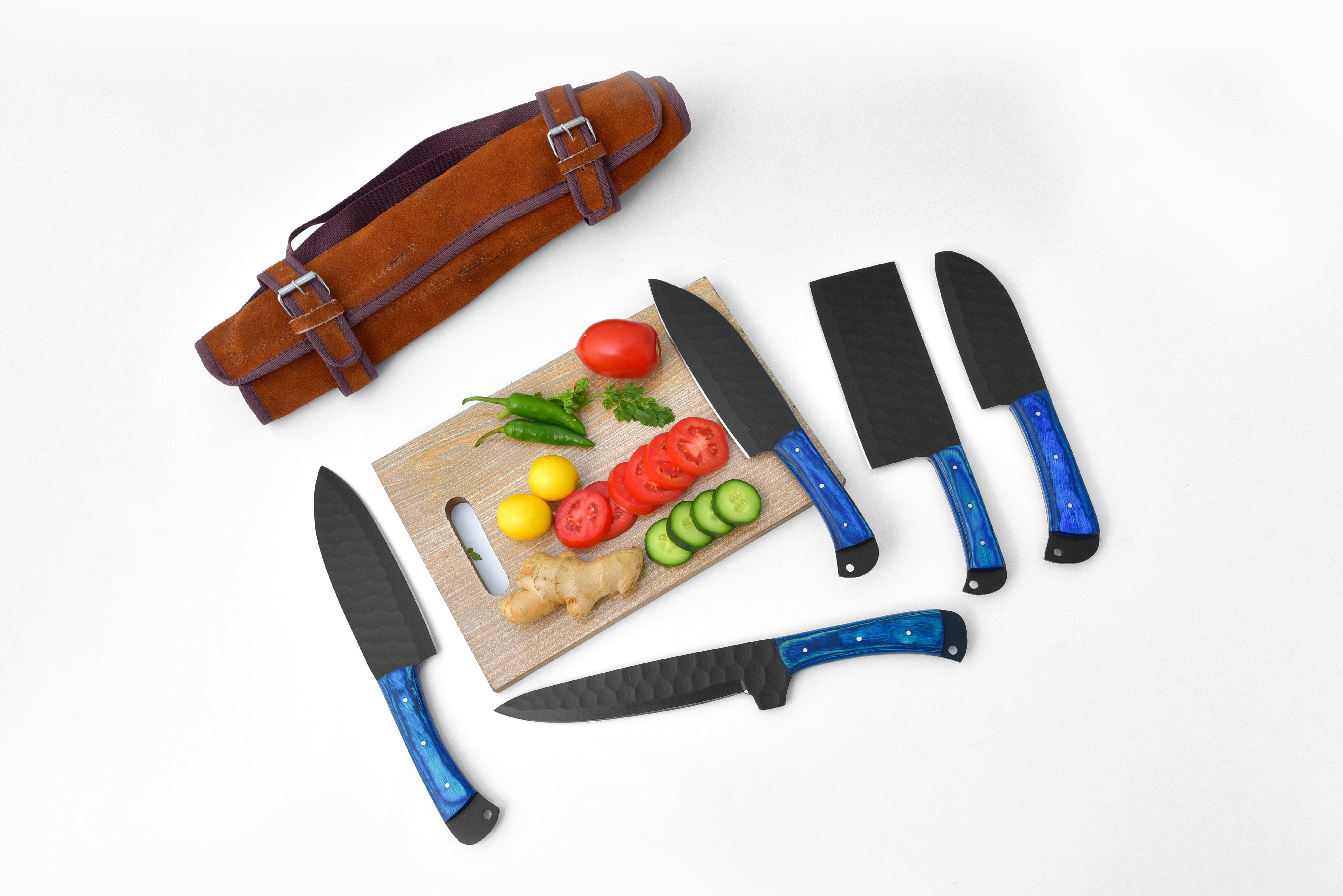 5-Piece Knife Set / With Leather carry Bag Blue (Cheff Set Carbon 02)