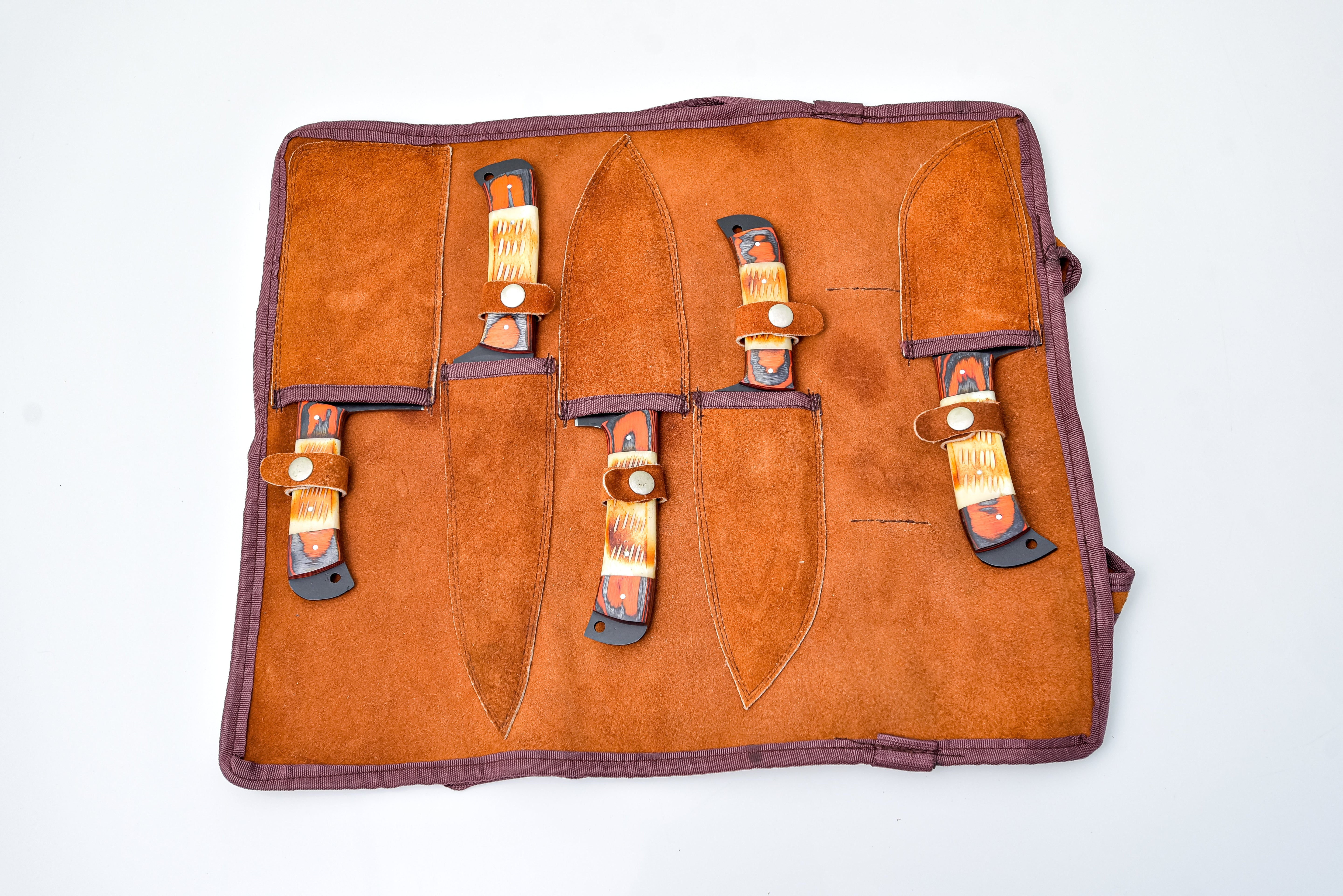5-Piece Knife Set / With Leather carry Bag Burnt Bone - TK-089 X