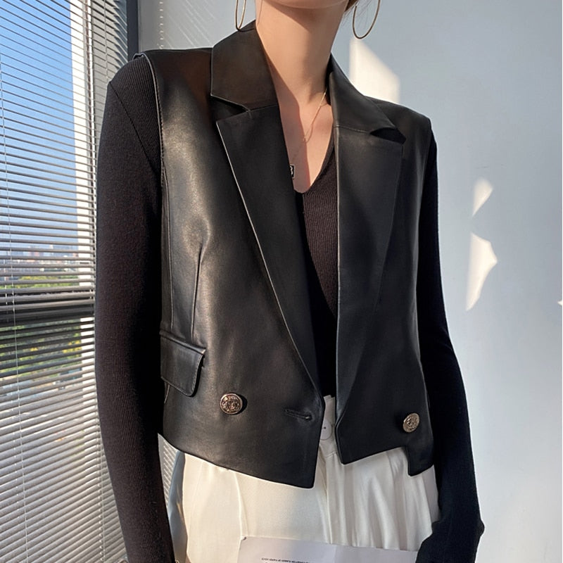French Fashion Genuine Leather Vest For Women Female Loose Sleeveless Jacket Soft Chic Gilet Short Suit