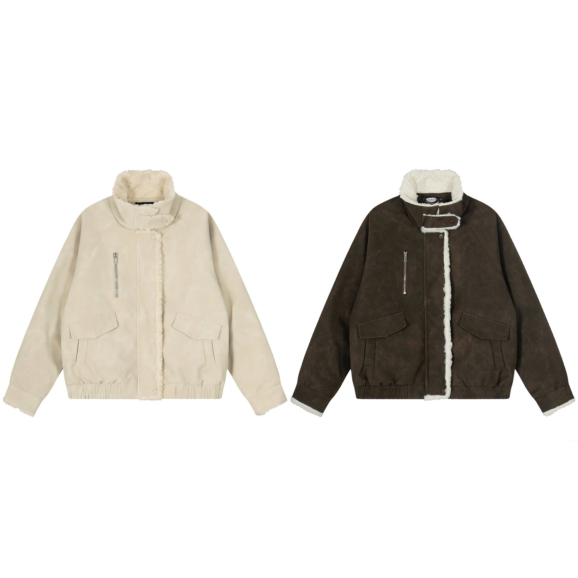 Solid Color Fleece Lined Cotton Coat with Fur Collar PU Jacket