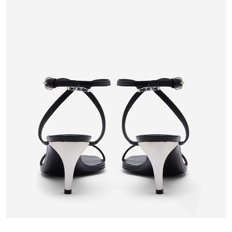 Round toe open toe shaped heel genuine leather sandals with European and American style belt buckle